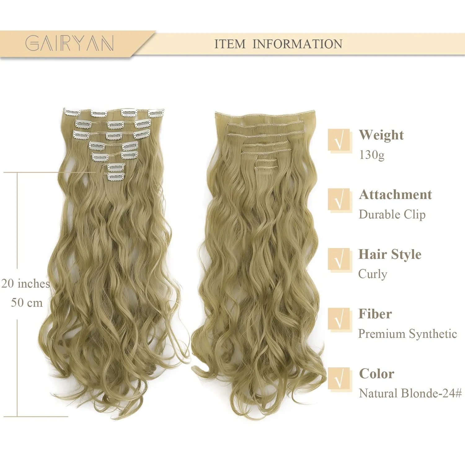 Gairyan extension clip ondulate 50cm biondo chiaro 7 pezzi