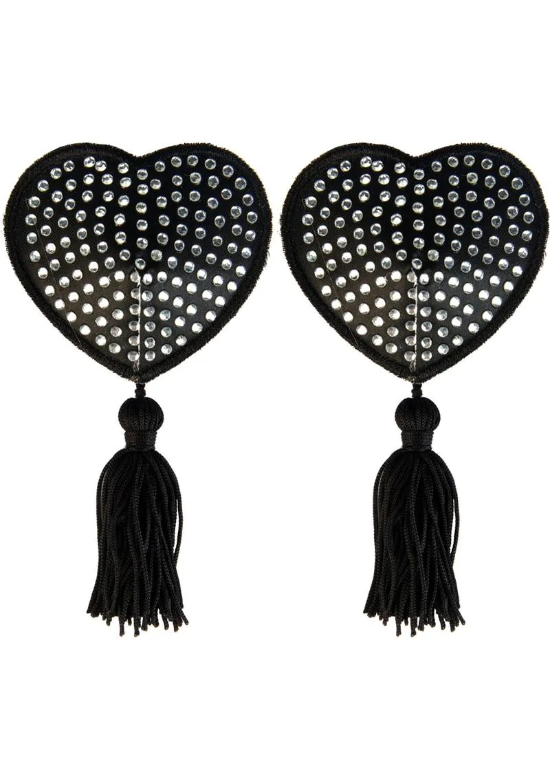 Pleasure Wigs Peekaboos Black Satin Hearts copricapezzoli adesivi neri raso