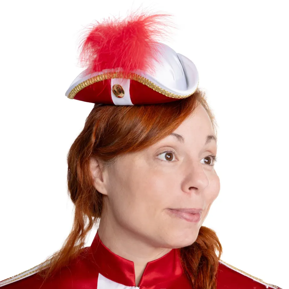 Altenburg mini tricorno raso rosso bianco cappello piuma oro