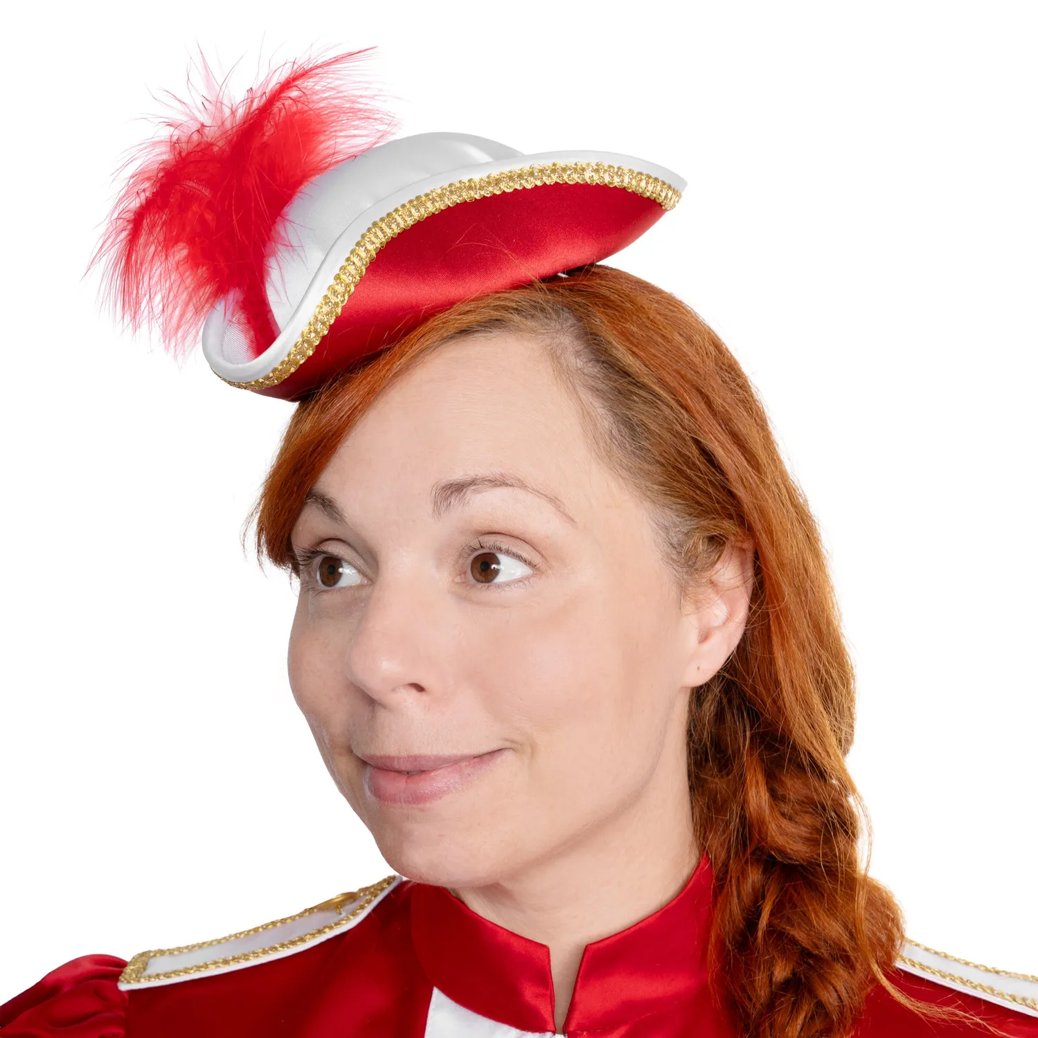 Altenburg mini tricorno raso rosso bianco cappello piuma oro