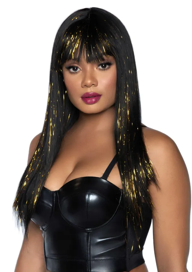 Leg Avenue Long Bang Tinsel parrucca nero oro liscia O/S