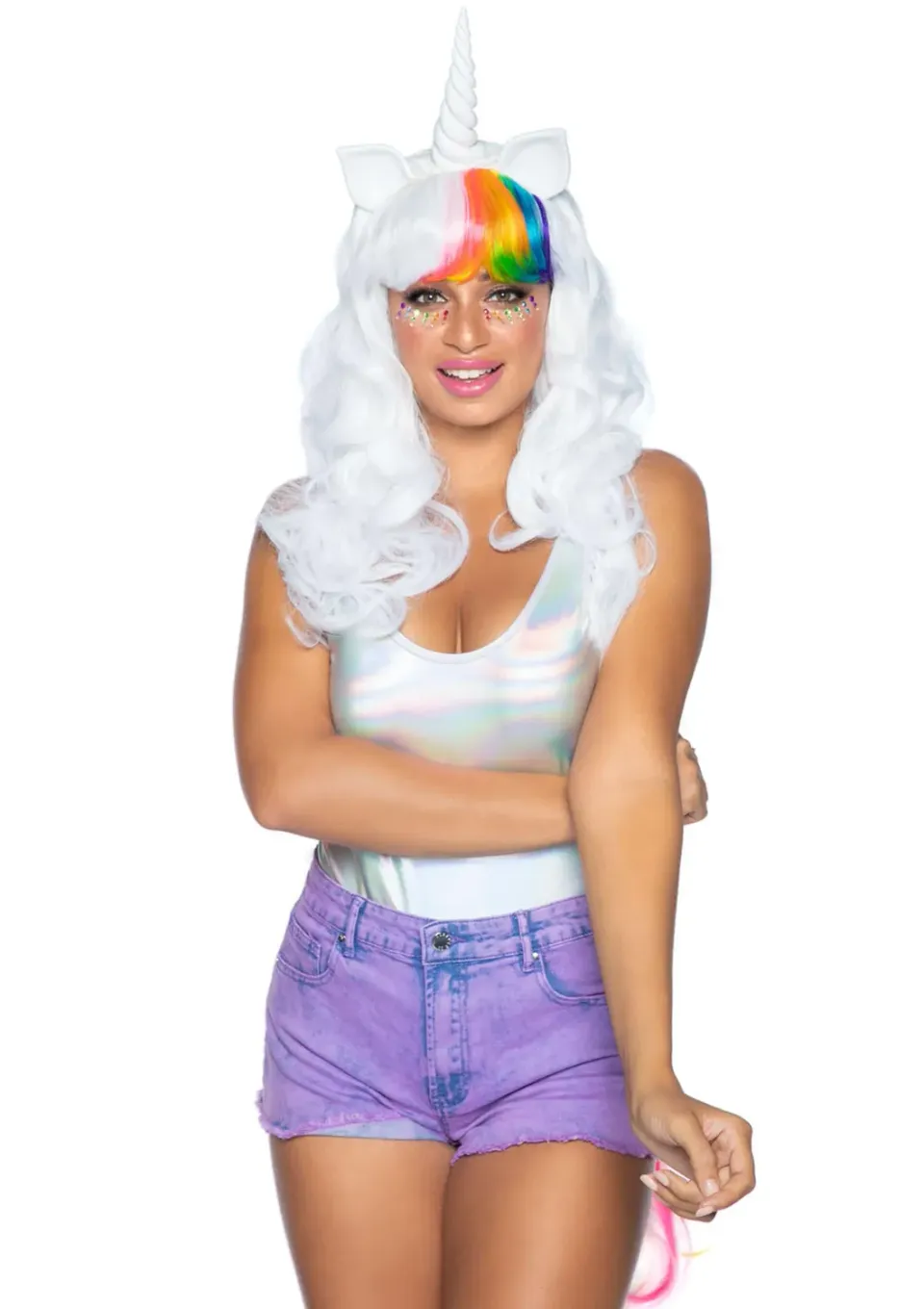 Leg Avenue Unicorn Wig parrucca bianca con coda arcobaleno O/S