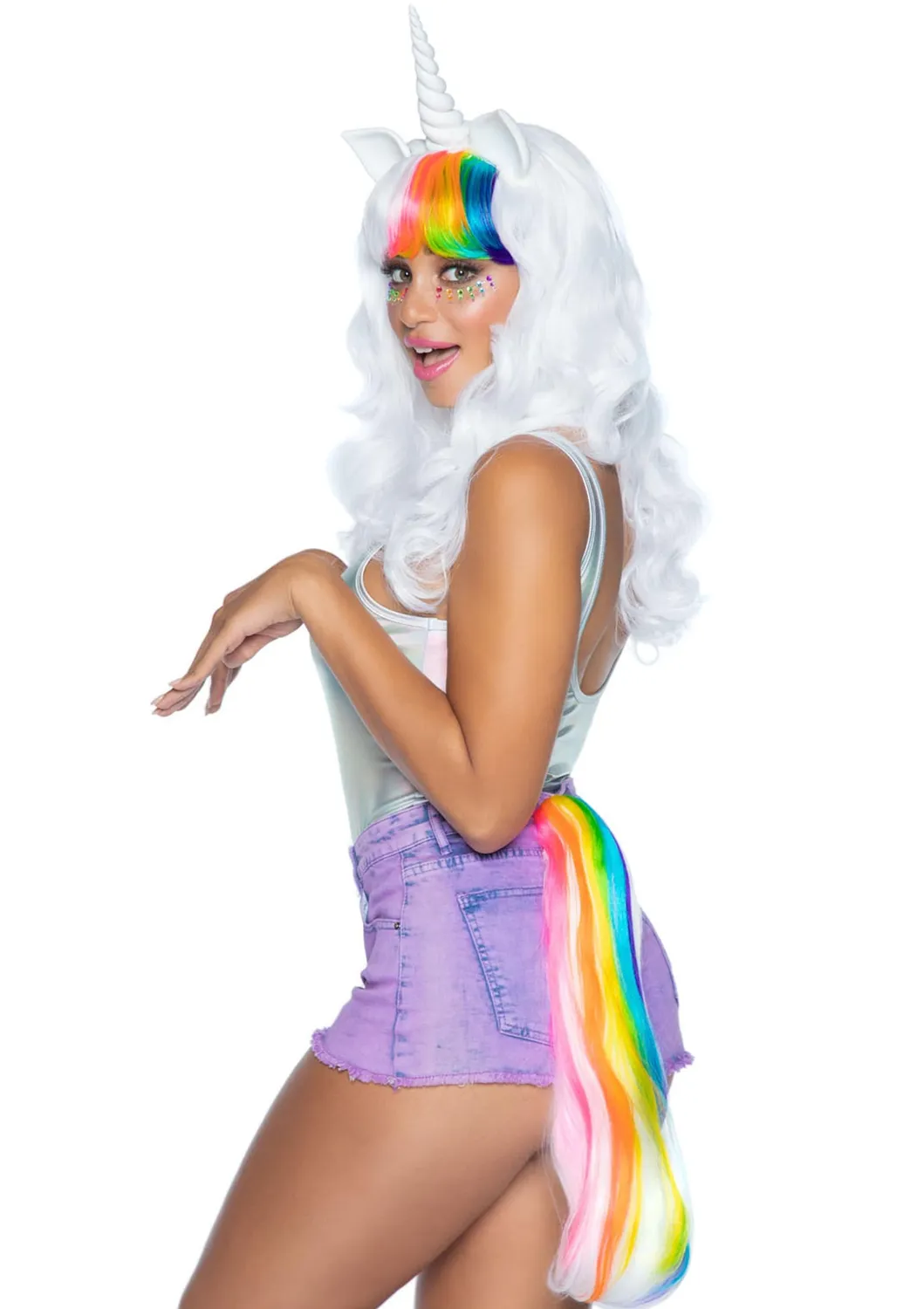 Leg Avenue Unicorn Wig parrucca bianca con coda arcobaleno O/S