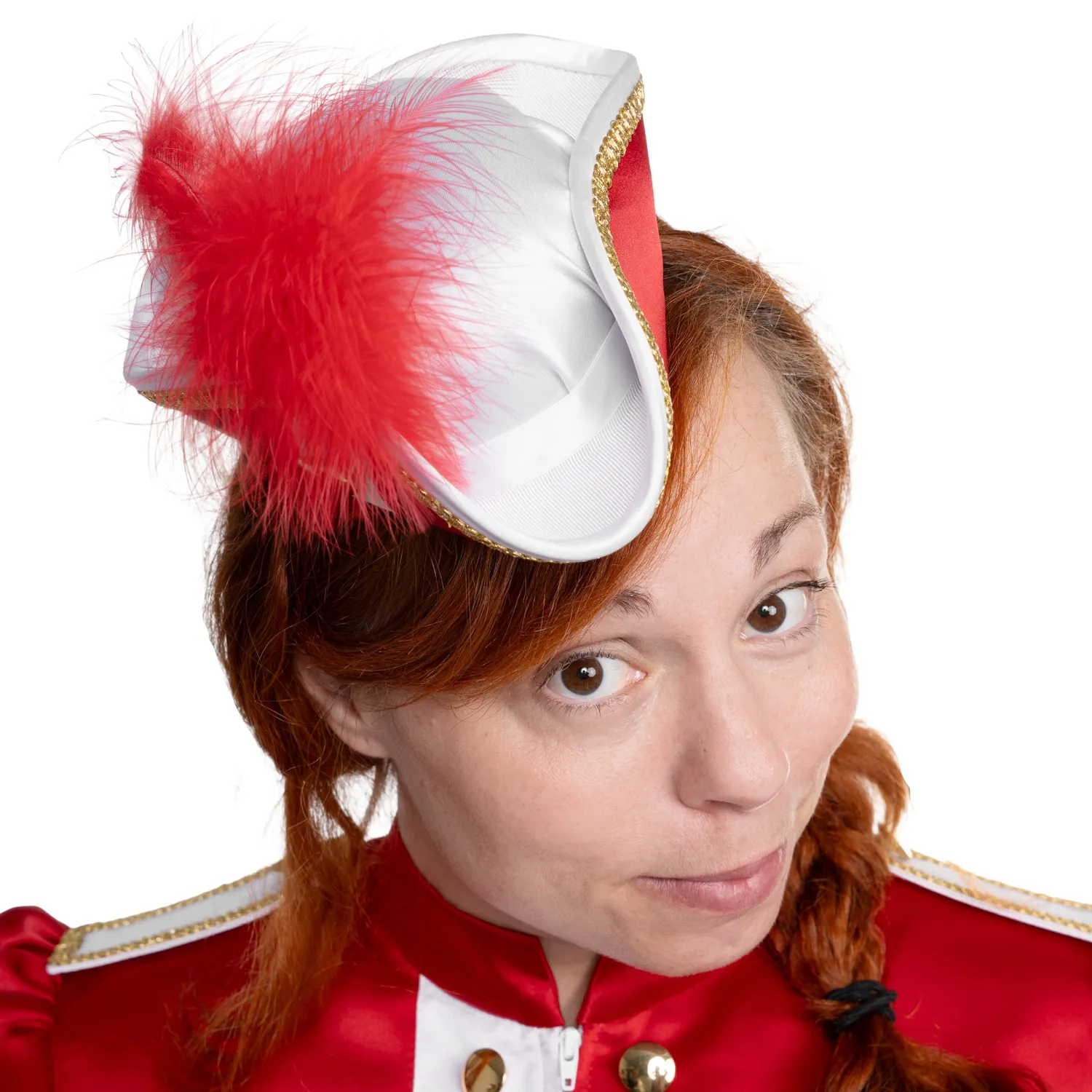 Altenburg mini tricorno raso rosso bianco cappello piuma oro