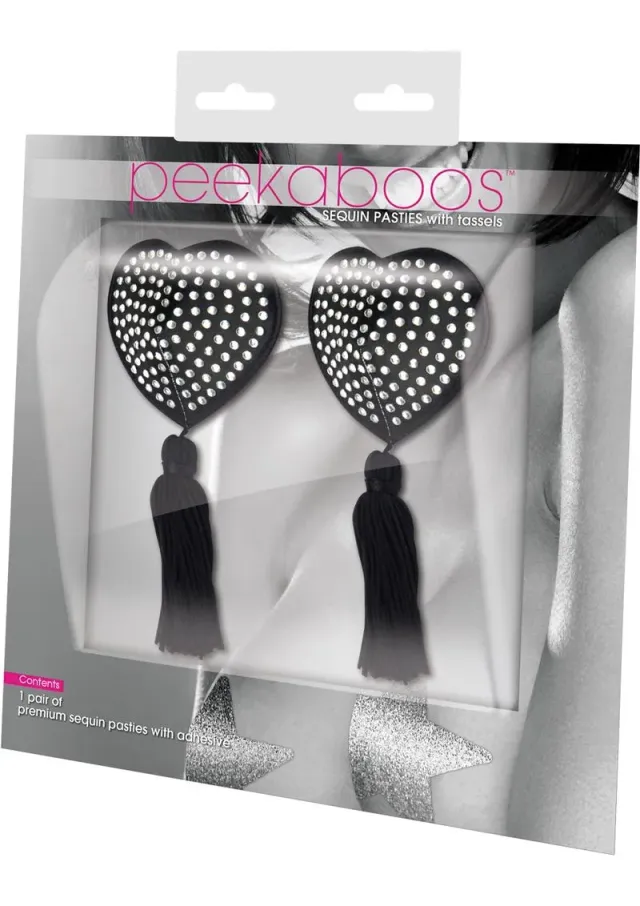 Pleasure Wigs Peekaboos Black Satin Hearts copricapezzoli adesivi neri raso