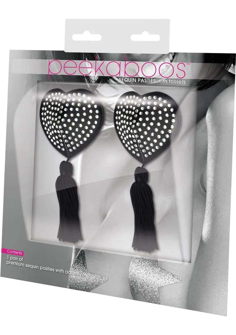 Pleasure Wigs Peekaboos Black Satin Hearts copricapezzoli adesivi neri raso
