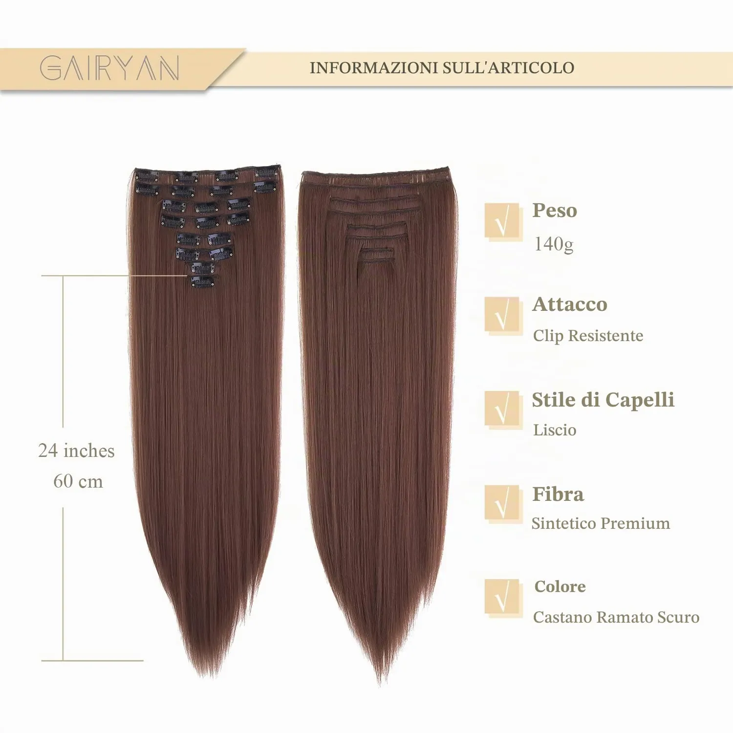 Gairyan extension clip lisce 60cm auburn scuro 8 pezzi