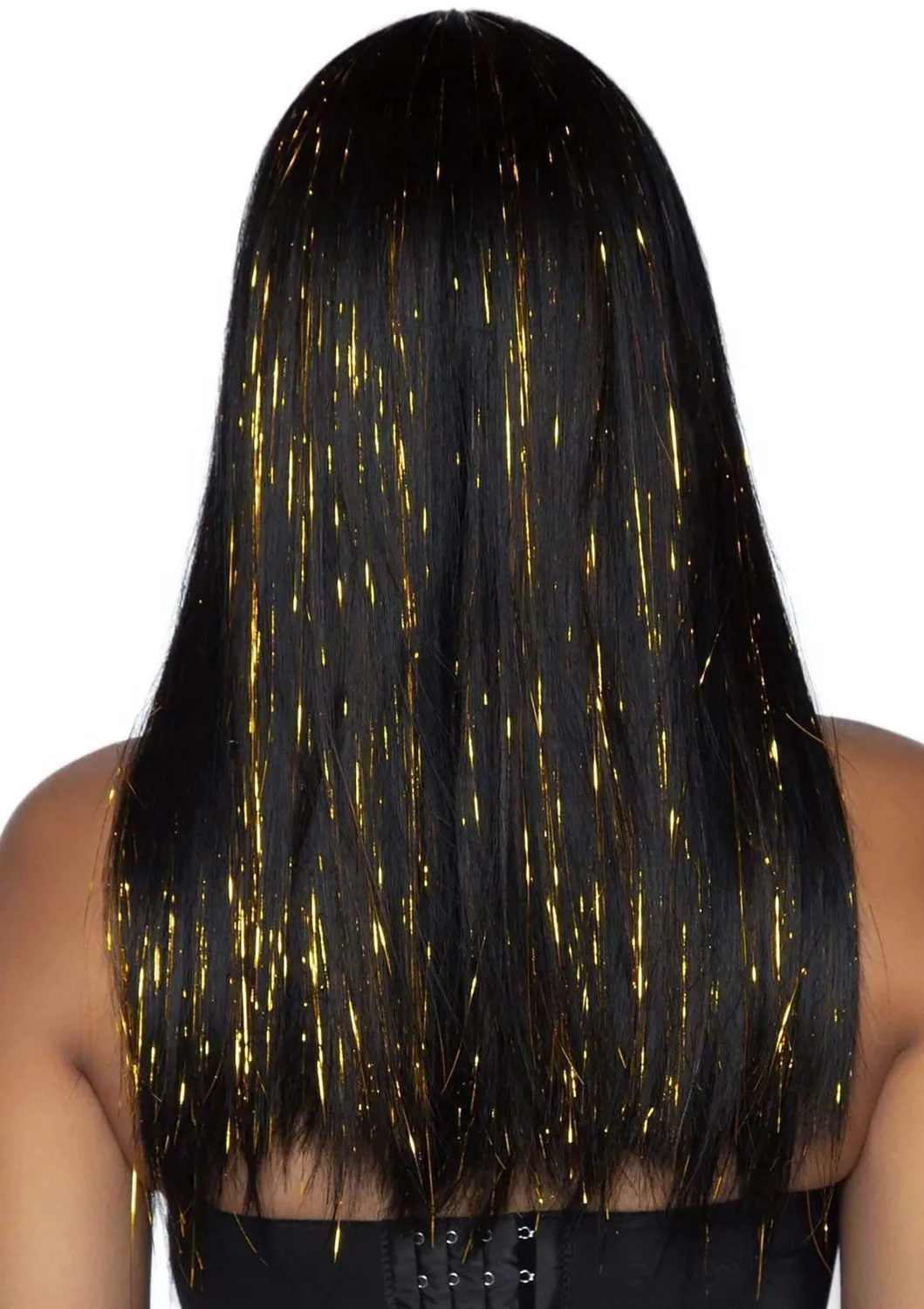 Leg Avenue Long Bang Tinsel parrucca nero oro liscia O/S